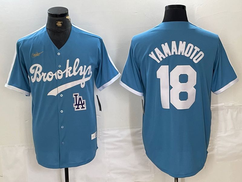 Men Los Angeles Dodgers 18 Yamamoto Light blue Throwback 2024 Nike MLB Jersey style 2